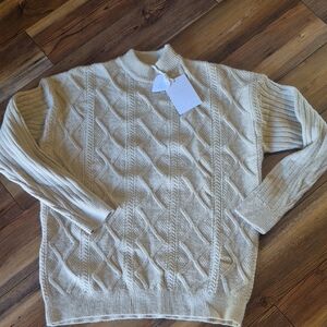 Aelfric Eden Tan Cable Knit Sweater Fisherman Large Warm Stretch Grandpa Cottage